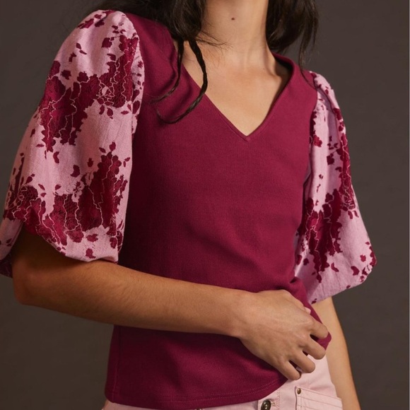 Anthropologie Tops - DOLAN Anthropologie Lace Puff-Sleeve Top Wine Red Purple Size XS